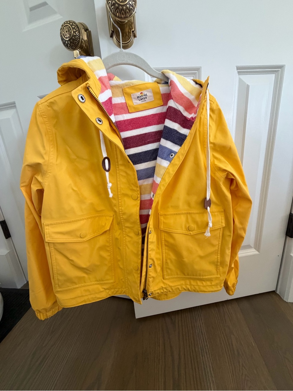 Marine Layer woman’s  Yellow Hooded Raincoat with Striped Lining size medium